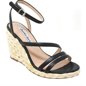 Charles David Rylee Ankle Strap Espadrille Wedge Sandals in Black Leather - NWT